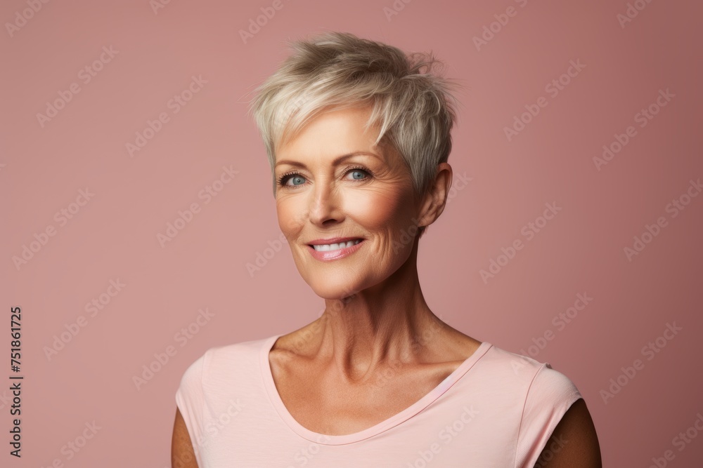 Mature woman portrait. Isolated on pink background. Studio shot. Mature woman portrait. Isolated on pink background. Studio shot.