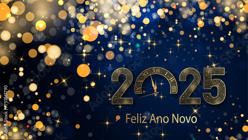 cartão ou banner para desejar um feliz ano novo 2025 em ouro o 0 é um relógio em um fundo gradiente azul escuro com estrelas douradas e círculos em efeito bokeh photo