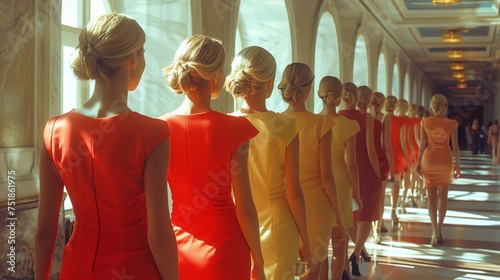 A group of women in red and yellow dresses, varying in sleeve lengths and waist styles, strut down a hallway in a fashion design event showcasing formal wear and cocktail dresses photo