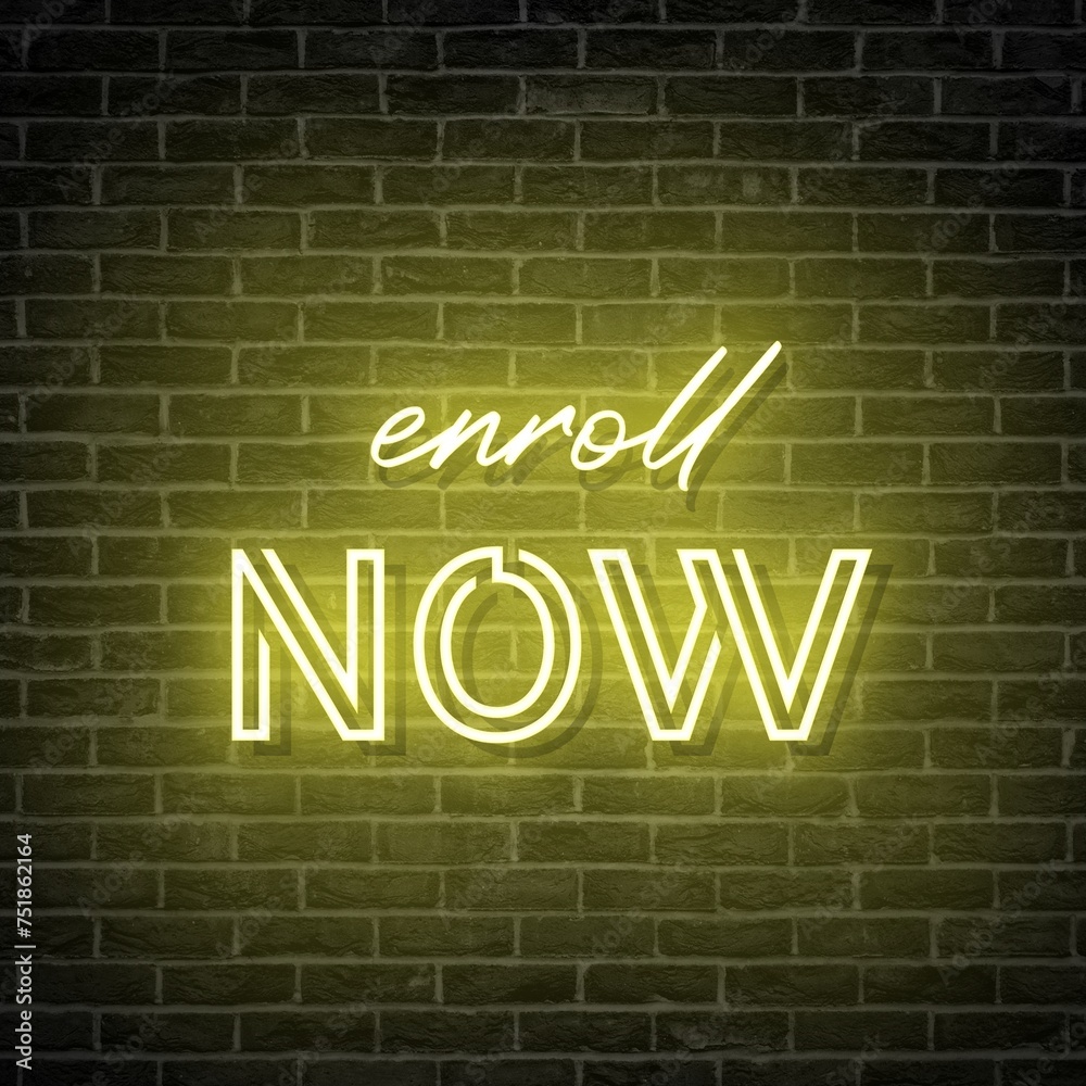 Enroll Now neon sign on brick wall background. Yellow neon sign. Enroll Now neon sign on brick wall background. Yellow neon sign.