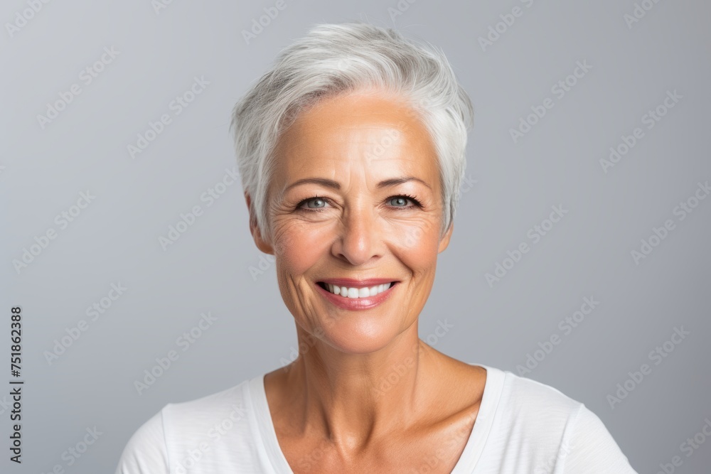 Portrait of a happy senior woman looking at camera over grey background Portrait of a happy senior woman looking at camera over grey background