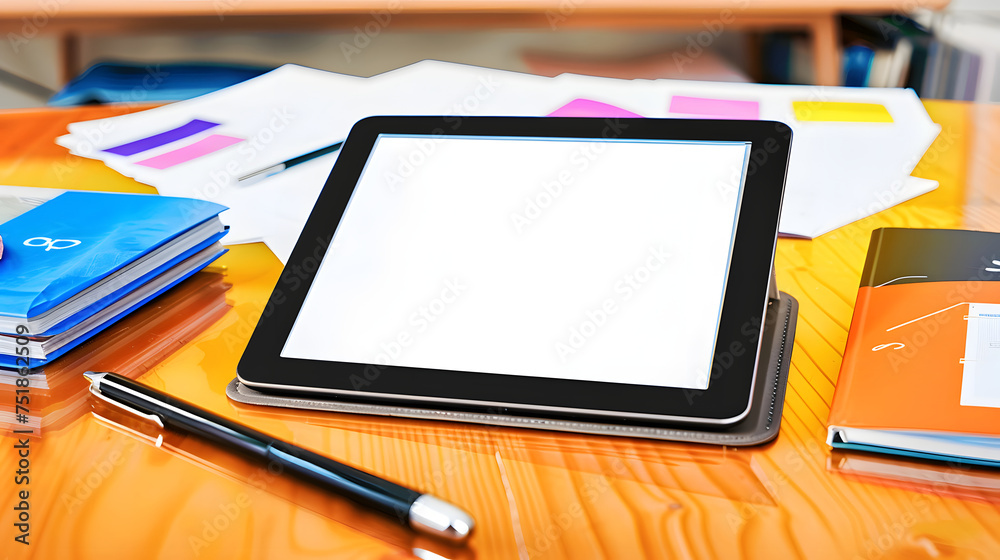 Bright Workspace Featuring a Tablet With Blank Screen, Notebooks, and Pen Bright Workspace Featuring a Tablet With Blank Screen, Notebooks, and Pen