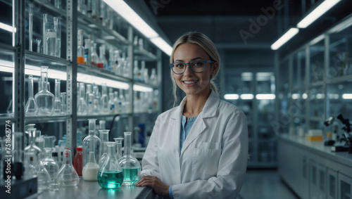 Ricercatrice chimica mentre lavora in un laboratorio vestita con il camice bianco