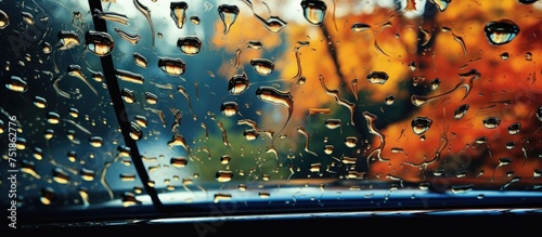 Raindrops cascade down the windshield of a car, creating a mesmerizing pattern of ripples and droplets. The glass surface reflects the overcast autumn sky, enhancing the enchanting display of natures