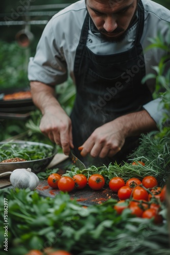 A chef preparing a meal with locally sourced, seasonal ingredients, supporting local agriculture and reducing carbon footprint.