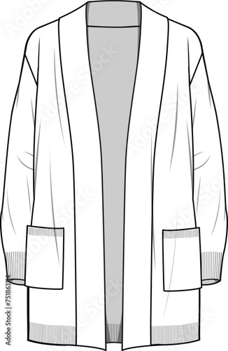 Women's Edge to Edge Cardigan. Technical fashion illustration. Front and back, white colour. Women's CAD mock-up.