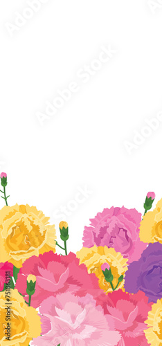Vibrant vector illustration assorted colorful carnations. Pink, yellow, purpl...