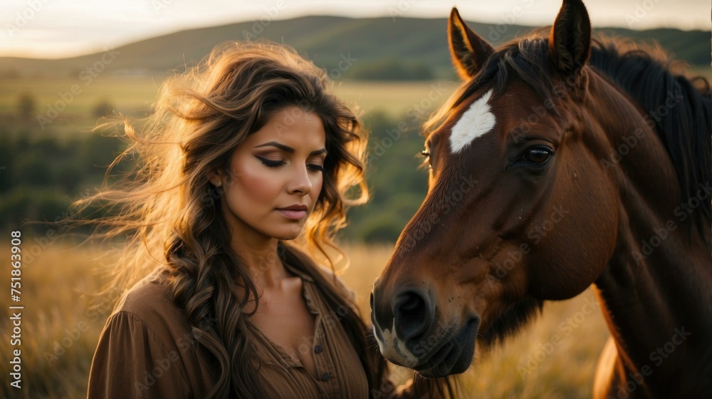 Obraz premium A beautiful woman is standing next to a horse. Generative AI.