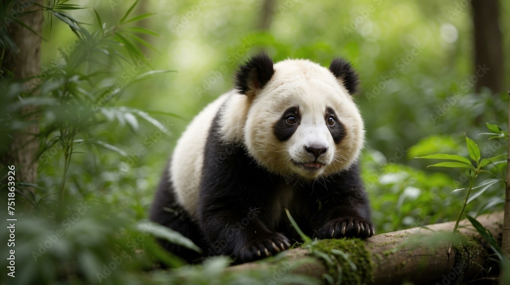 A panda bear is walking through the forest. Generative AI. A panda bear is walking through the forest. Generative AI.