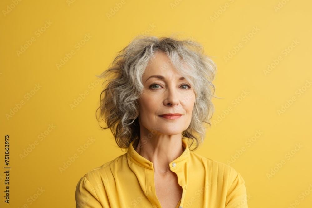 Portrait of beautiful mature woman with grey hair on yellow background. Portrait of beautiful mature woman with grey hair on yellow background.