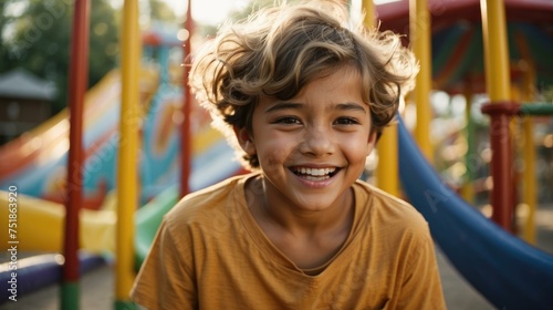 A boy smiles while standing in front of a playground. Generative AI. © serg3d