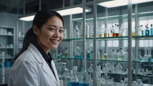 Ricercatrice chimica di origini asiatiche sorride mentre lavora in un laboratorio vestita con il camice bianco