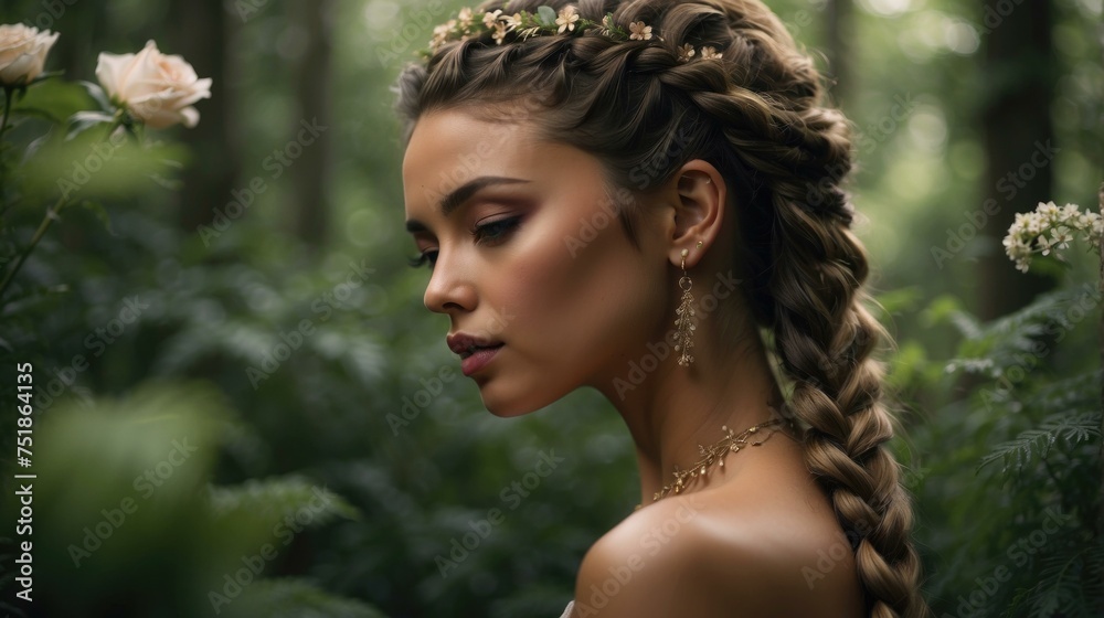 Beautiful woman with braids in the forest. Generative AI.