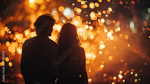 the couple is looking at the night sky with fireworks. Lovers.