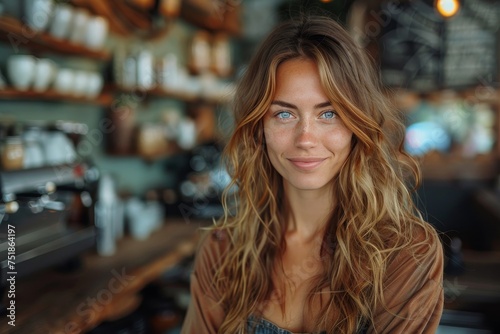 Wallpaper Mural Sophisticated young woman with flowing hair and striking blue eyes poses naturally in a chic coffee shop Torontodigital.ca