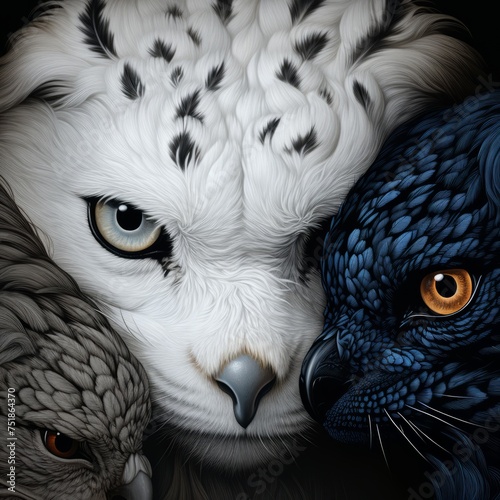 A captivating black and white quadriptych featuring the piercing blue and orange eyes of a snow leopard, white tiger, owl, and dragon. This intricate artwork blends elements of the wild and mythical,  photo