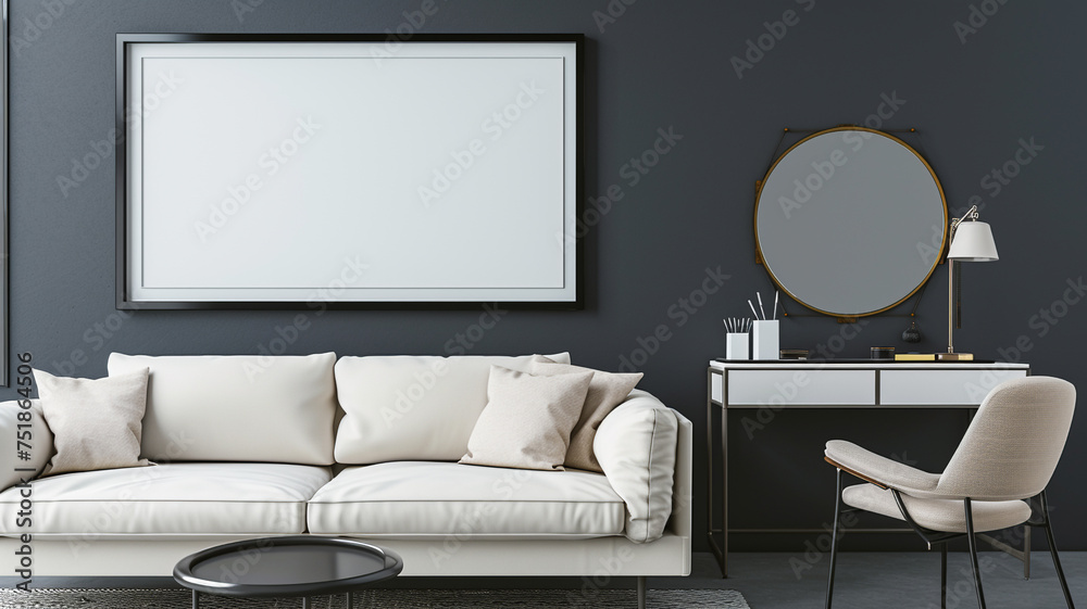 An uncomplicated bedroom featuring a relaxed AI-controlled sofa, a practical chair, a sleek dressing table, and an empty wall frame mockup against a clean charcoal gray background wall. - obrazy, fototapety, plakaty 