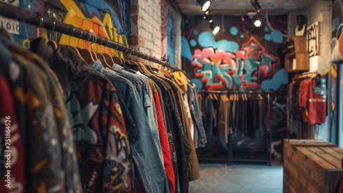 At a trendy streetwear pop-up shop, a customizable marketing template is showcased on a graffiti-covered wall against a backdrop of urban street art, appealing to the edgy fashion crowd.