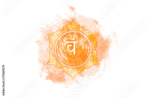 Second chakra of Swadhisthana, Sacral chakra logo template in watercolor style. Orange symbol mandala for meditation, yoga. Vector isolated on white background 
