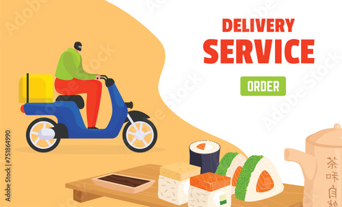 Delivery man riding blue scooter yellow box, sushi teapot, asian food delivery service concept. Online food ordering fast vector illustration