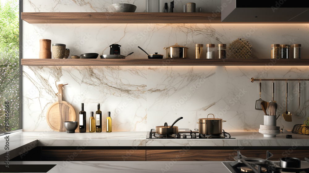 Modern marble mosaic arrangements adding a touch of grandeur to family kitchen shelving