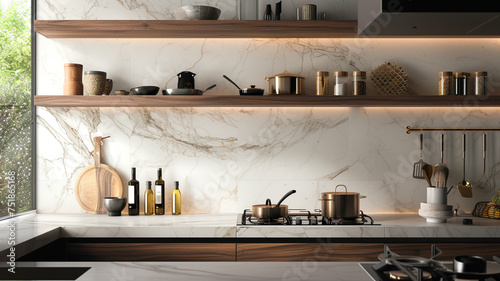 Modern marble mosaic arrangements adding a touch of grandeur to family kitchen shelving