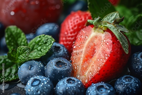 A vividly colored close-up of mixed berries glistening with water drops, evoking feelings of freshness and succulence