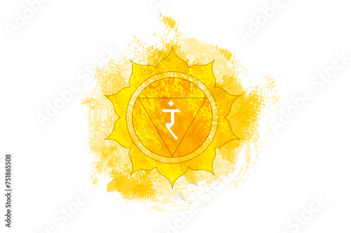 Third chakra of Manipura, solar plexus chakra logo template in watercolor style. Yellow mandala. Spiritual meditation element vector illustration isolated on white background 