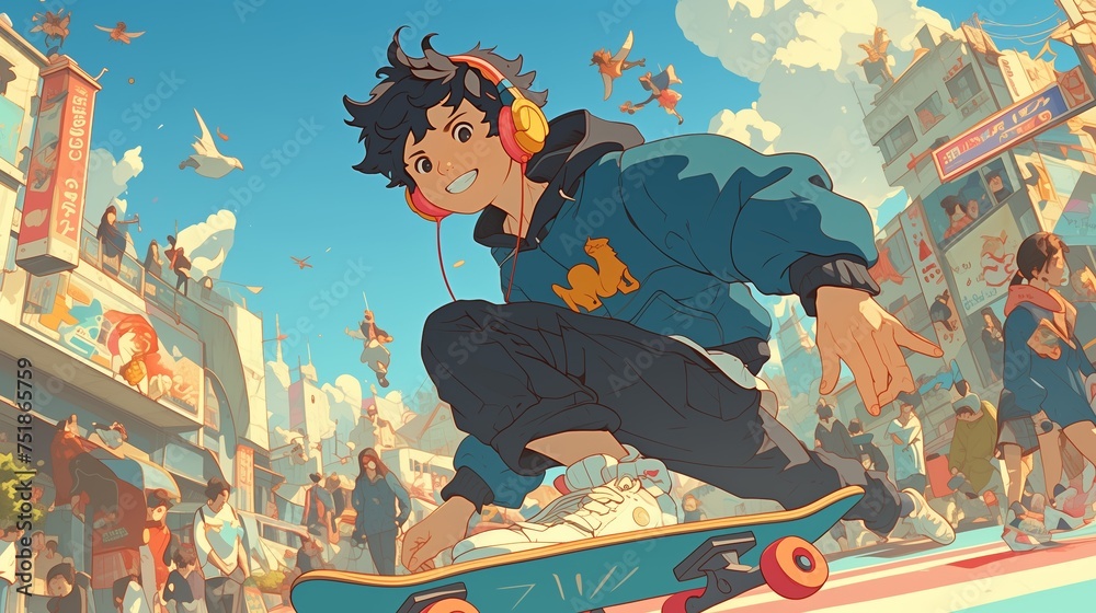 Fototapeta premium A boy skateboarding on the streets of Harajuku, listening to music with stylish headphones 80s anime rainbow retro fashion