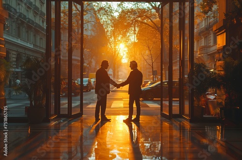 Two men are exchanging a warm gesture in front of a wooden building as the sun sets, creating a picturesque scene in the natural landscape