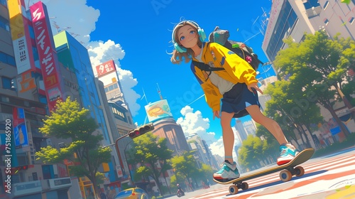 A girl skateboarding on the streets of Harajuku, listening to music with stylish headphones 80s anime rainbow retro fashion