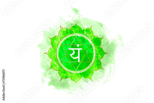 Fourth chakra of Anahata, heart chakra logo template in watercolor style. Green mandala. Hindu Sanskrit seed mantra Vam. Symbol for meditation, yoga. Vector isolated on white background