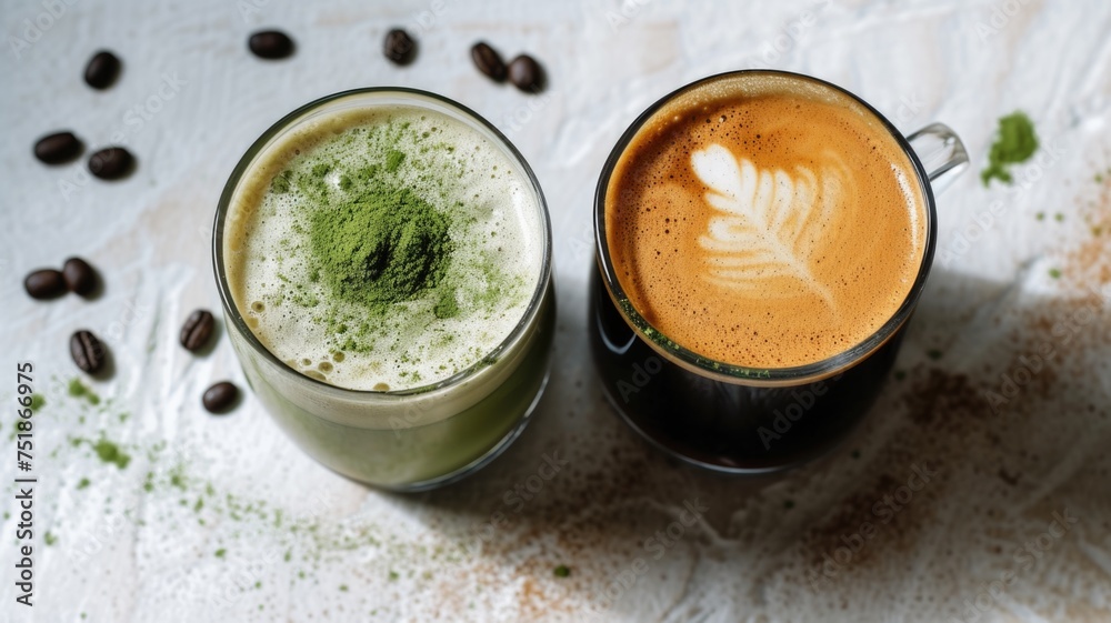 Visual Comparisons matcha and coffee in cup : Place both beverages side by side Visual Comparisons matcha and coffee in cup : Place both beverages side by side