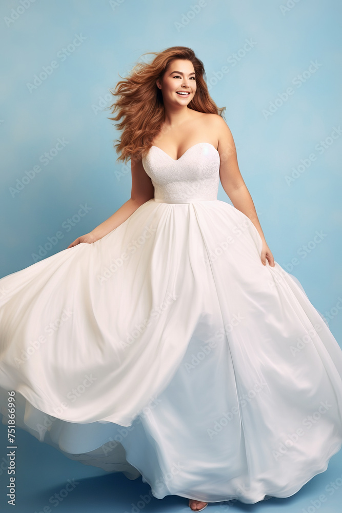 Young redhead full-figured bride in a flowing white wedding dress in blue backdrop. Concept of bridal joy, natural beauty, grace, femininity, and elegant simplicity.