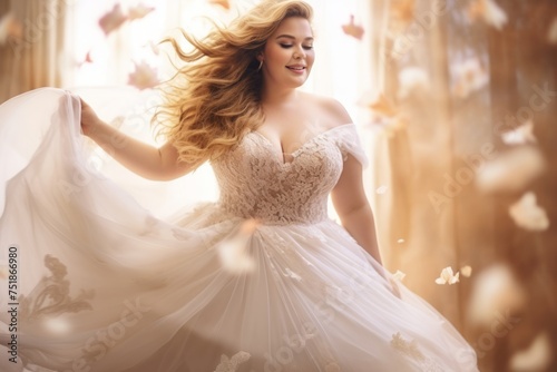Beautiful plus-sized young bride in a sumptuous white wedding gown. Gold background. Concept of bridal elegance, luxury attire, designer fashion, and vibrant celebrations. © Jafree