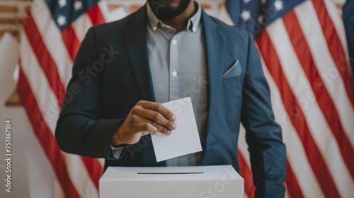 African American man voting in an election. Black voter casting ballot with US flags behind. Male hand placing ballot into voting box. Concept of democracy, presidential elections, freedom, diversity photo