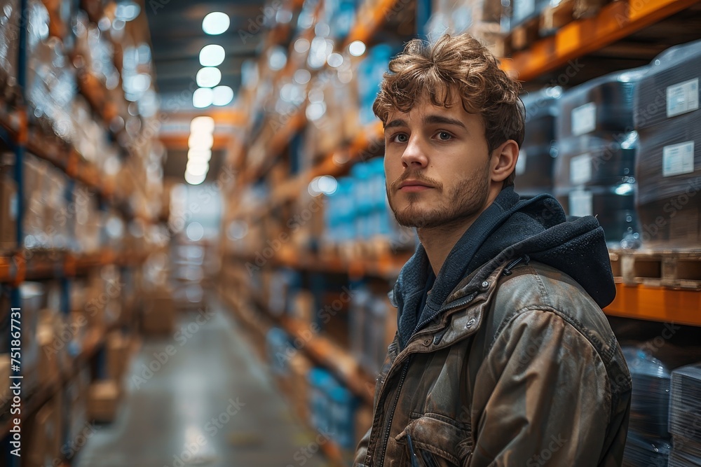 A young man with tousled hair wearing a leather jacket stands in a warehouse aisle, looking back with a serious expression