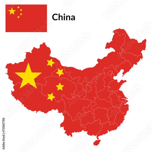 China flag map. Map of China with national Chinese flag.