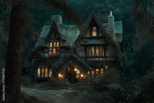 A charming abode lit by warm exterior lighting  set within a forest  under the enigmatic glow of a dark green night