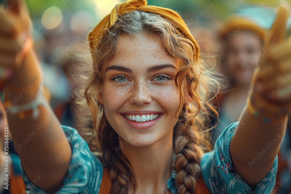 A young smiling girl with braided hair and freckles is reaching out, joyfully participating in an outdoor event A young smiling girl with braided hair and freckles is reaching out, joyfully participating in an outdoor event