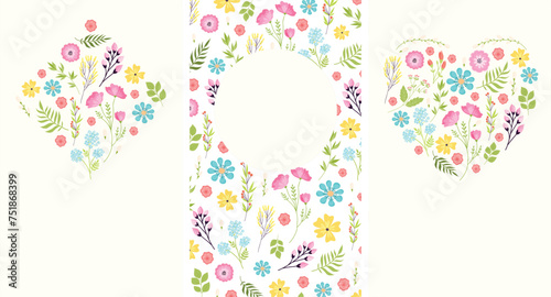 Floral greeting cards colorful flowers leaves arranged patterns shapes. Sprin...