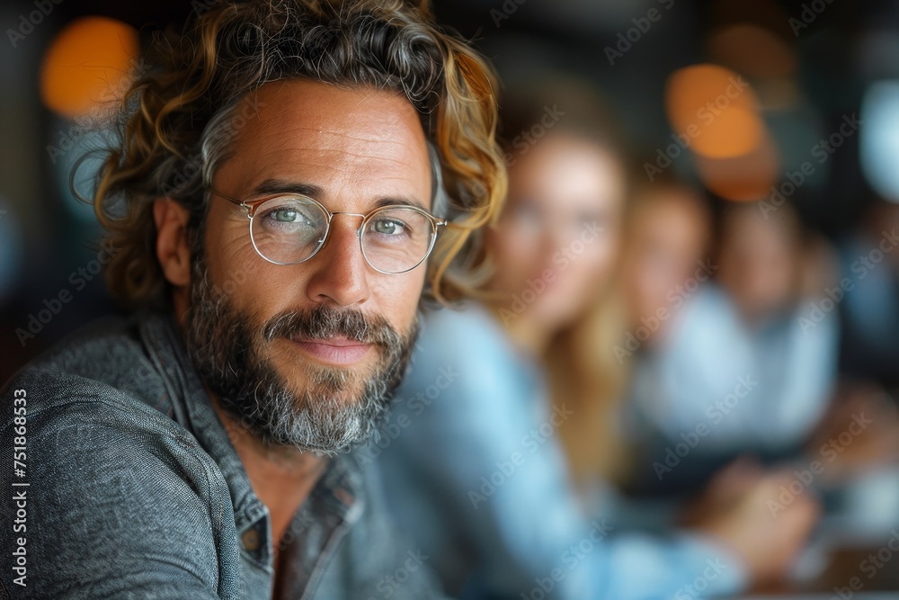 A casually dressed man with glasses in a focused group meeting, representing professionalism and collaboration A casually dressed man with glasses in a focused group meeting, representing professionalism and collaboration