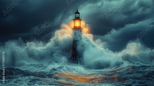 Waves hitting a lighthouse in Scotland.