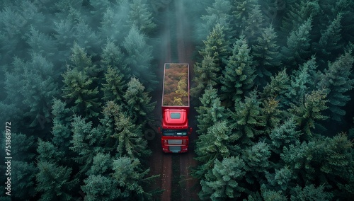 An aerial view of a motor vehicle driving through a forest, with the automotive lighting and tail brake lights illuminating the road surrounded by trees and terrestrial plants photo