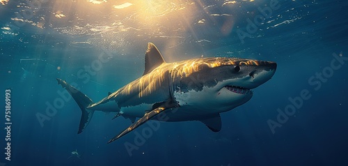 Great white shark with its main four fins swimming under sun rays in the blue Pacific Ocean photo