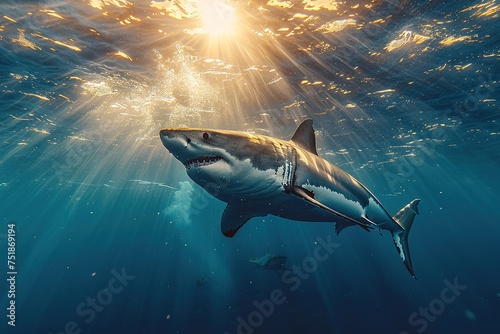 Great white shark with its main four fins swimming under sun rays in the blue Pacific Ocean photo