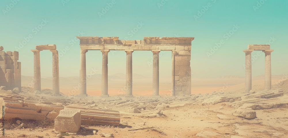 The remnants of a Greek temple, with columns scattered across the desert floor, under a pale blue sky