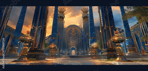 The grand entrance of the navy blue high elf palace, flanked by towering columns and intricate reliefs, 