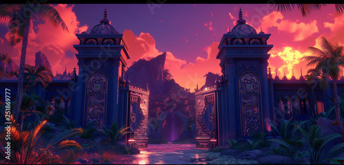 The imposing gates of a navy blue high elf sci-fi palace with detailed elven engravings standing tall in a lush oasis under a fiery red evening sky photo