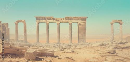The remnants of a Greek temple, with columns scattered across the desert floor, under a pale blue sky